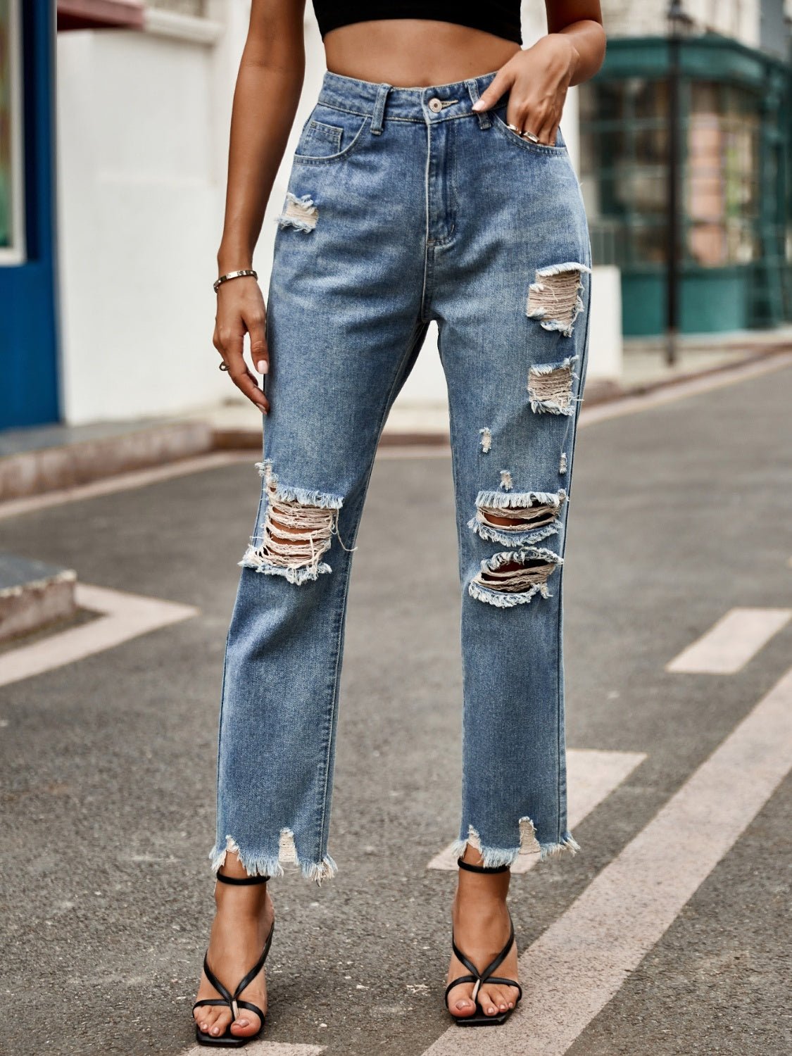 Distressed Raw Hem Jeans with Pockets - GirlyBayJeans & DenimDistressed Raw Hem Jeans with Pockets100100667801484SMediumGirlyBayDistressed Raw Hem Jeans with Pockets