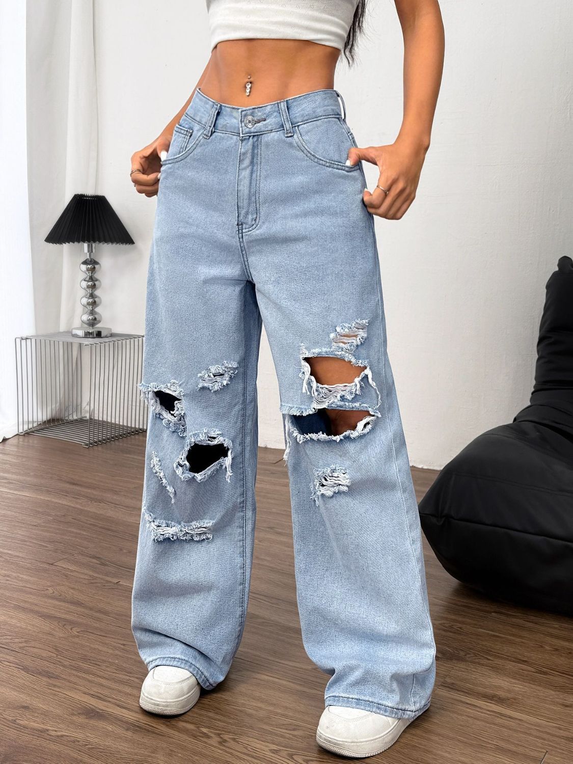 Distressed Wide Leg Jeans with Pockets - GirlyBayJeans & DenimDistressed Wide Leg Jeans with Pockets100100147561634XSLightGirlyBayDistressed Wide Leg Jeans with Pockets