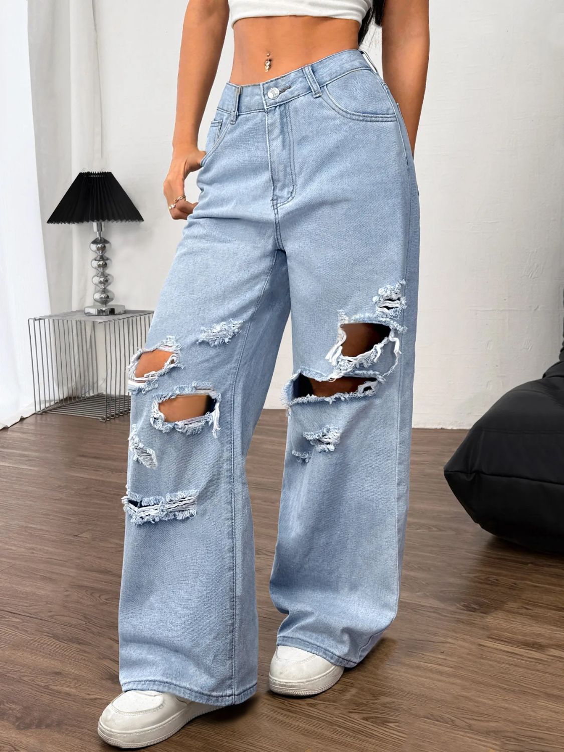 Distressed Wide Leg Jeans with Pockets - GirlyBayJeans & DenimDistressed Wide Leg Jeans with Pockets100100147561634XSLightGirlyBayDistressed Wide Leg Jeans with Pockets