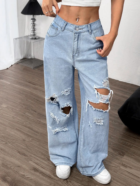 Distressed Wide Leg Jeans with Pockets - GirlyBayJeans & DenimDistressed Wide Leg Jeans with Pockets100100147561634XSLightGirlyBayDistressed Wide Leg Jeans with Pockets