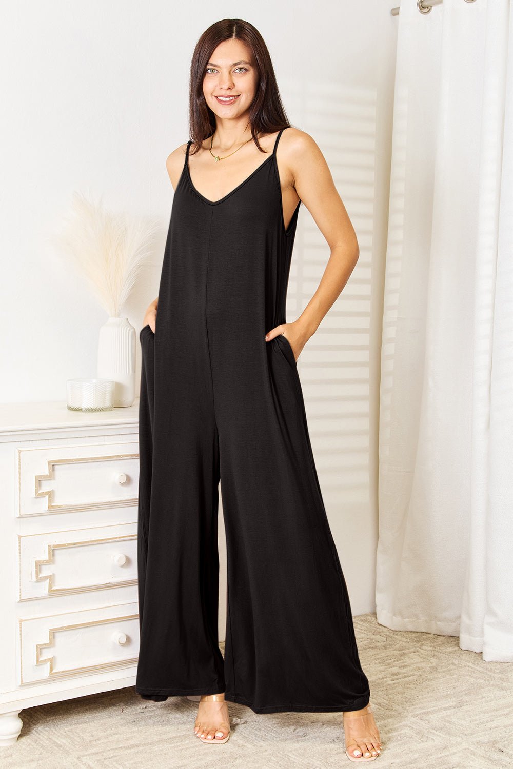 Double Take Full Size Soft Rayon Spaghetti Strap Tied Wide Leg Jumpsuit - GirlyBayJumpsuits & RompersDouble Take Full Size Soft Rayon Spaghetti Strap Tied Wide Leg Jumpsuit100101601321575SBlackGirlyBayDouble Take Full Size Soft Rayon Spaghetti Strap Tied Wide Leg Jumpsuit