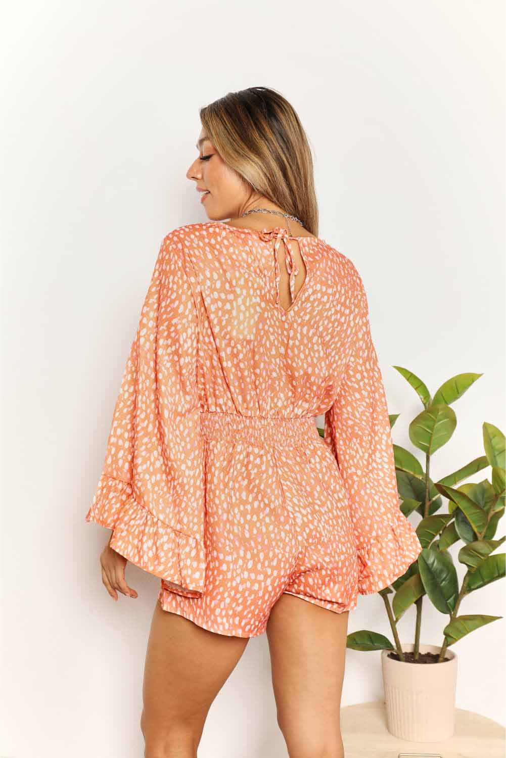 Double Take Printed Flare Sleeve Surplice Romper - GirlyBayJumpsuits & RompersDouble Take Printed Flare Sleeve Surplice Romper100101823311287STangerineGirlyBayDouble Take Printed Flare Sleeve Surplice Romper