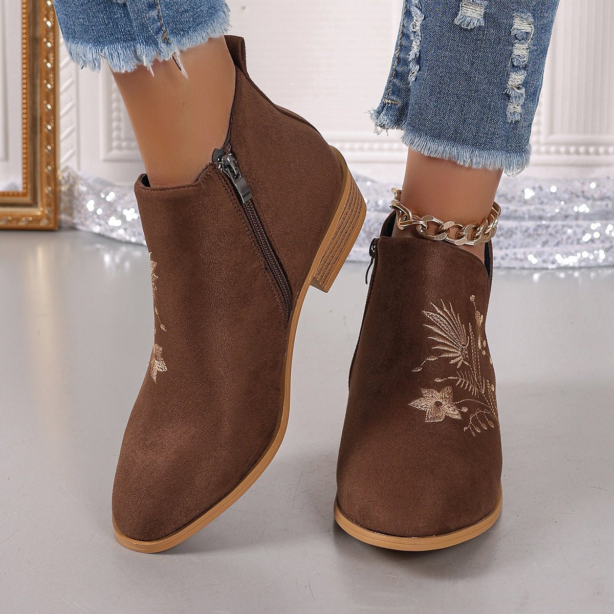Embroidered Suede Point Toe Block Heel Boots - GirlyBayShoesEmbroidered Suede Point Toe Block Heel Boots10060055497439436(US5)BrownGirlyBayEmbroidered Suede Point Toe Block Heel Boots