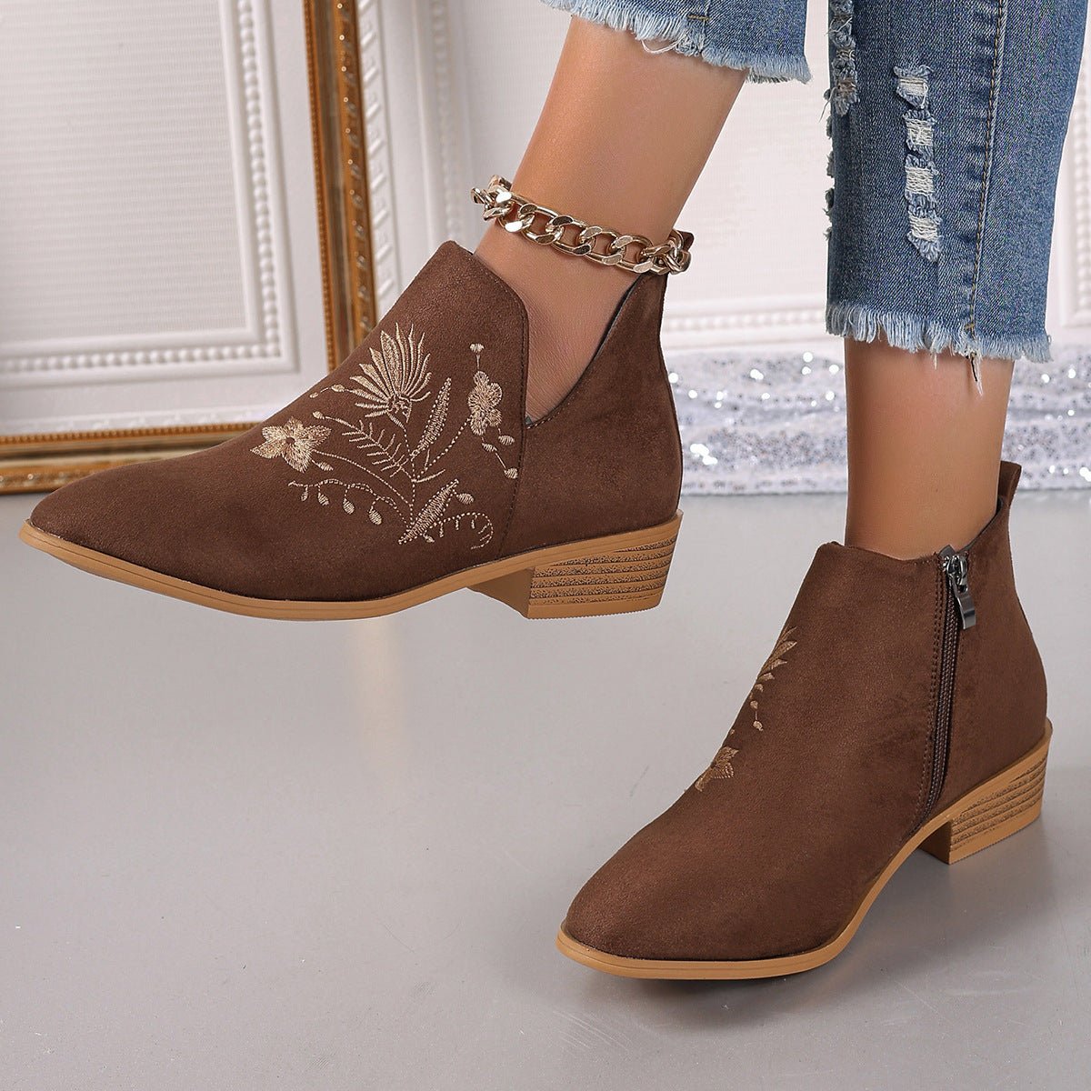 Embroidered Suede Point Toe Block Heel Boots - GirlyBayShoesEmbroidered Suede Point Toe Block Heel Boots10060055497439436(US5)BrownGirlyBayEmbroidered Suede Point Toe Block Heel Boots