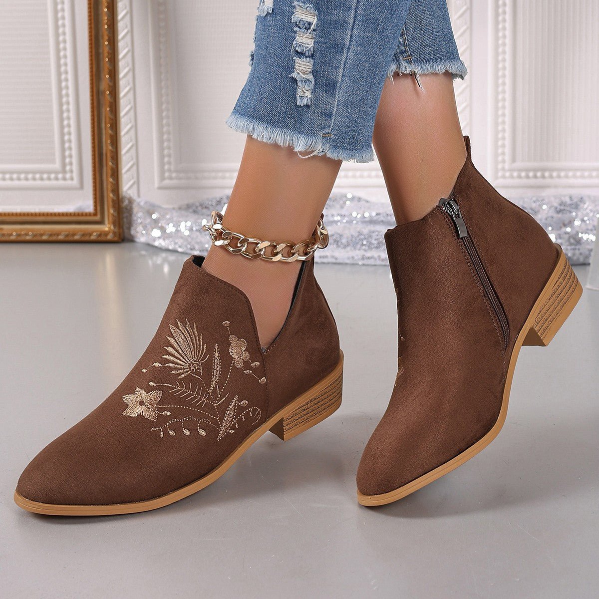 Embroidered Suede Point Toe Block Heel Boots - GirlyBayShoesEmbroidered Suede Point Toe Block Heel Boots10060055497439436(US5)BrownGirlyBayEmbroidered Suede Point Toe Block Heel Boots
