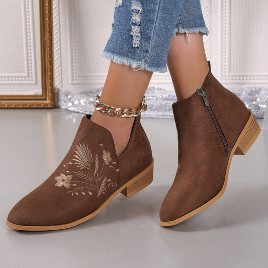Embroidered Suede Point Toe Block Heel Boots - GirlyBayShoesEmbroidered Suede Point Toe Block Heel Boots10060055497439436(US5)BrownGirlyBayEmbroidered Suede Point Toe Block Heel Boots