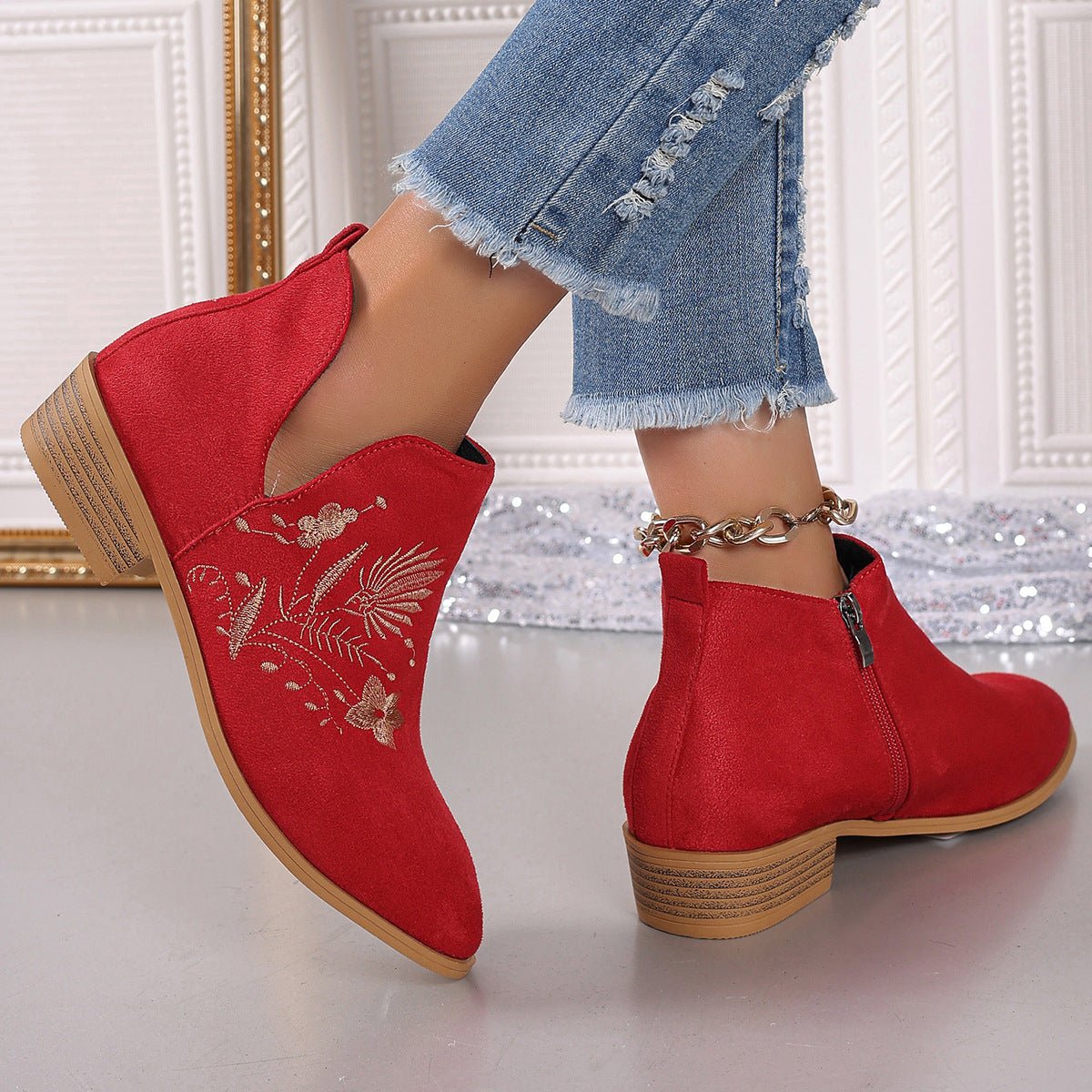 Embroidered Suede Point Toe Block Heel Boots - GirlyBayShoesEmbroidered Suede Point Toe Block Heel Boots10060055497503536(US5)RedGirlyBayEmbroidered Suede Point Toe Block Heel Boots