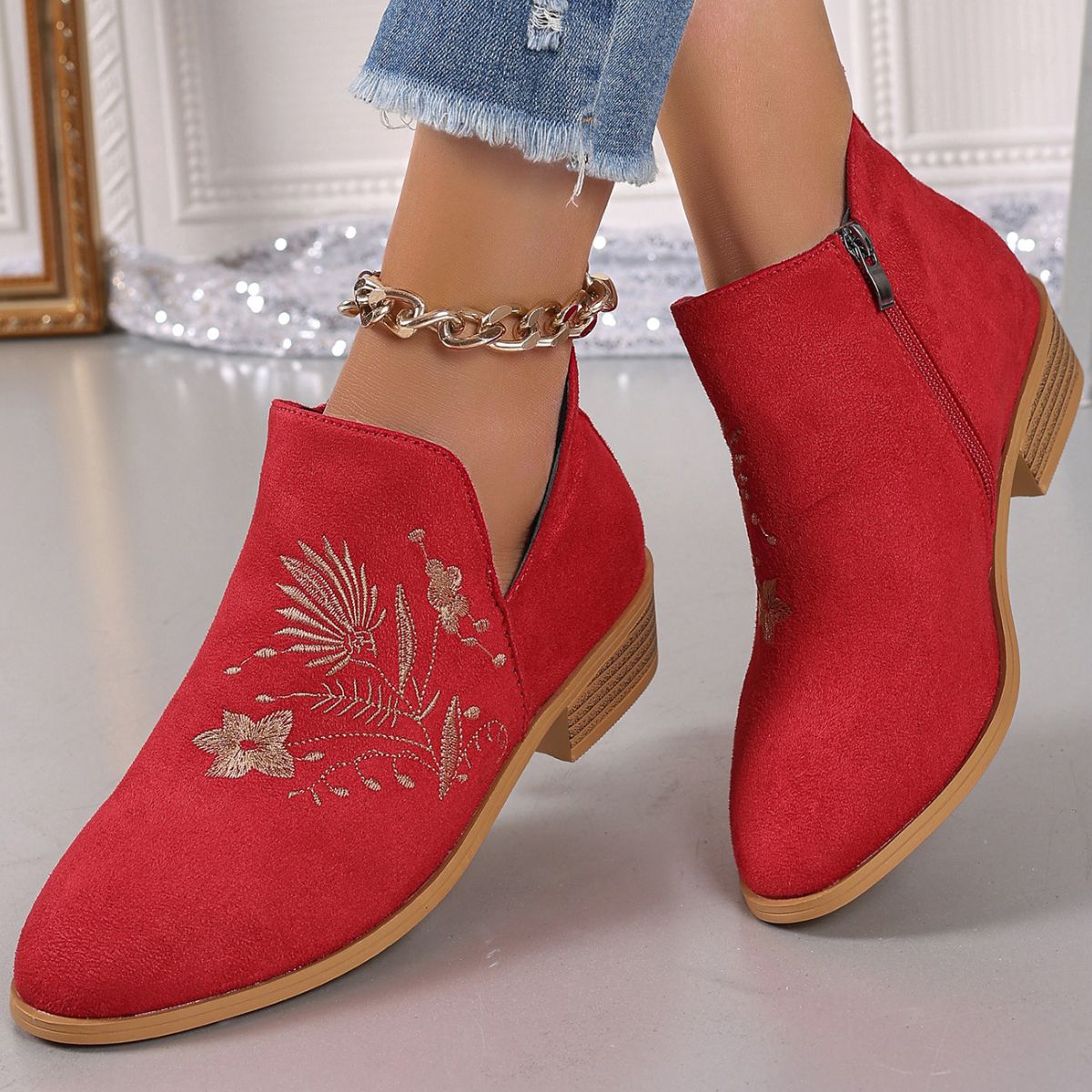 Embroidered Suede Point Toe Block Heel Boots - GirlyBayShoesEmbroidered Suede Point Toe Block Heel Boots10060055497503536(US5)RedGirlyBayEmbroidered Suede Point Toe Block Heel Boots
