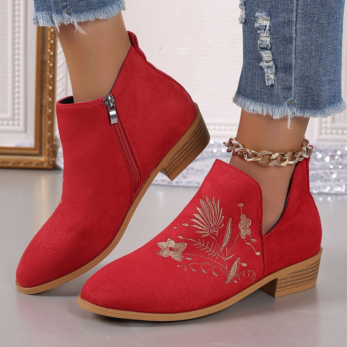 Embroidered Suede Point Toe Block Heel Boots - GirlyBayShoesEmbroidered Suede Point Toe Block Heel Boots10060055497503536(US5)RedGirlyBayEmbroidered Suede Point Toe Block Heel Boots