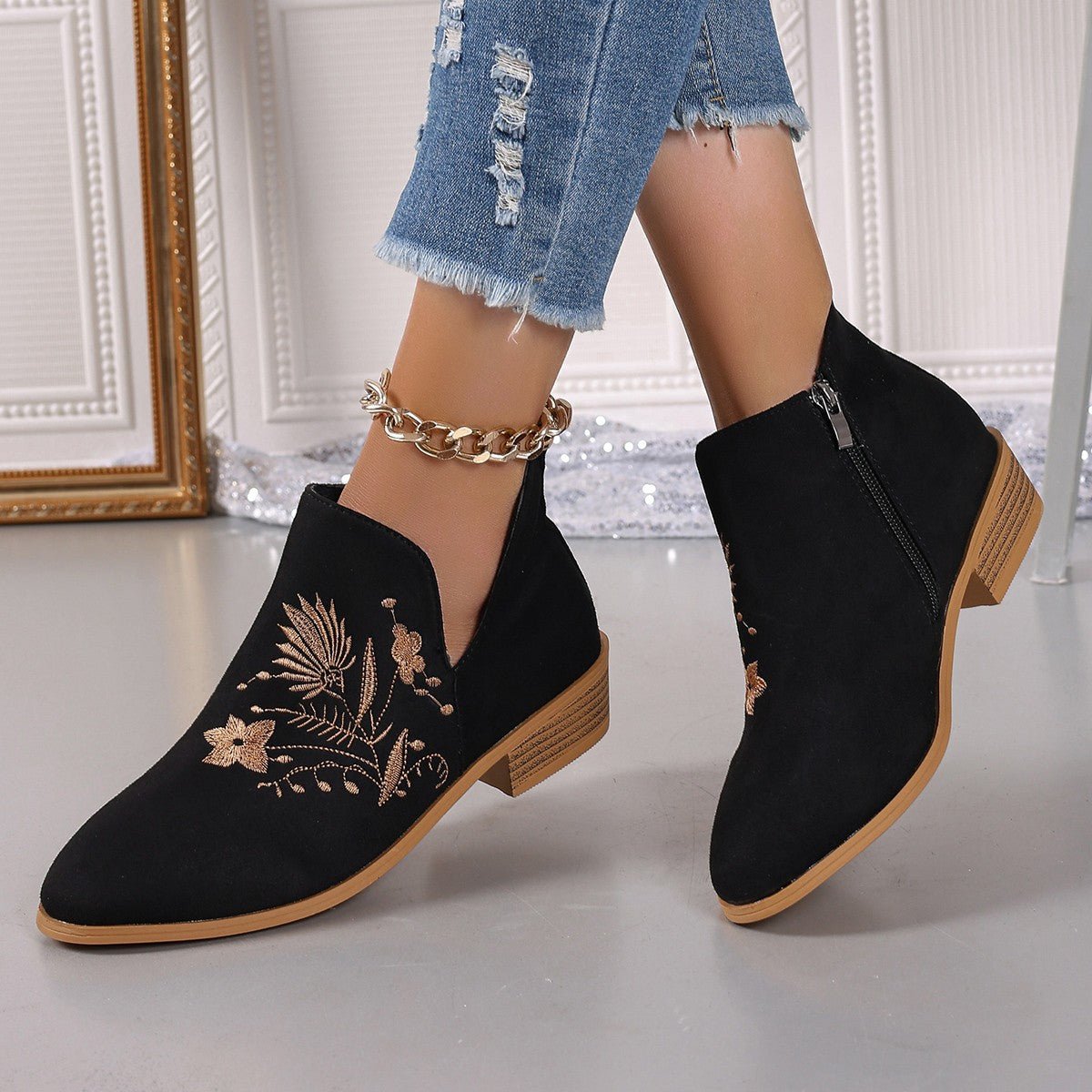 Embroidered Suede Point Toe Block Heel Boots - GirlyBayShoesEmbroidered Suede Point Toe Block Heel Boots10060055497575936(US5)BlackGirlyBayEmbroidered Suede Point Toe Block Heel Boots