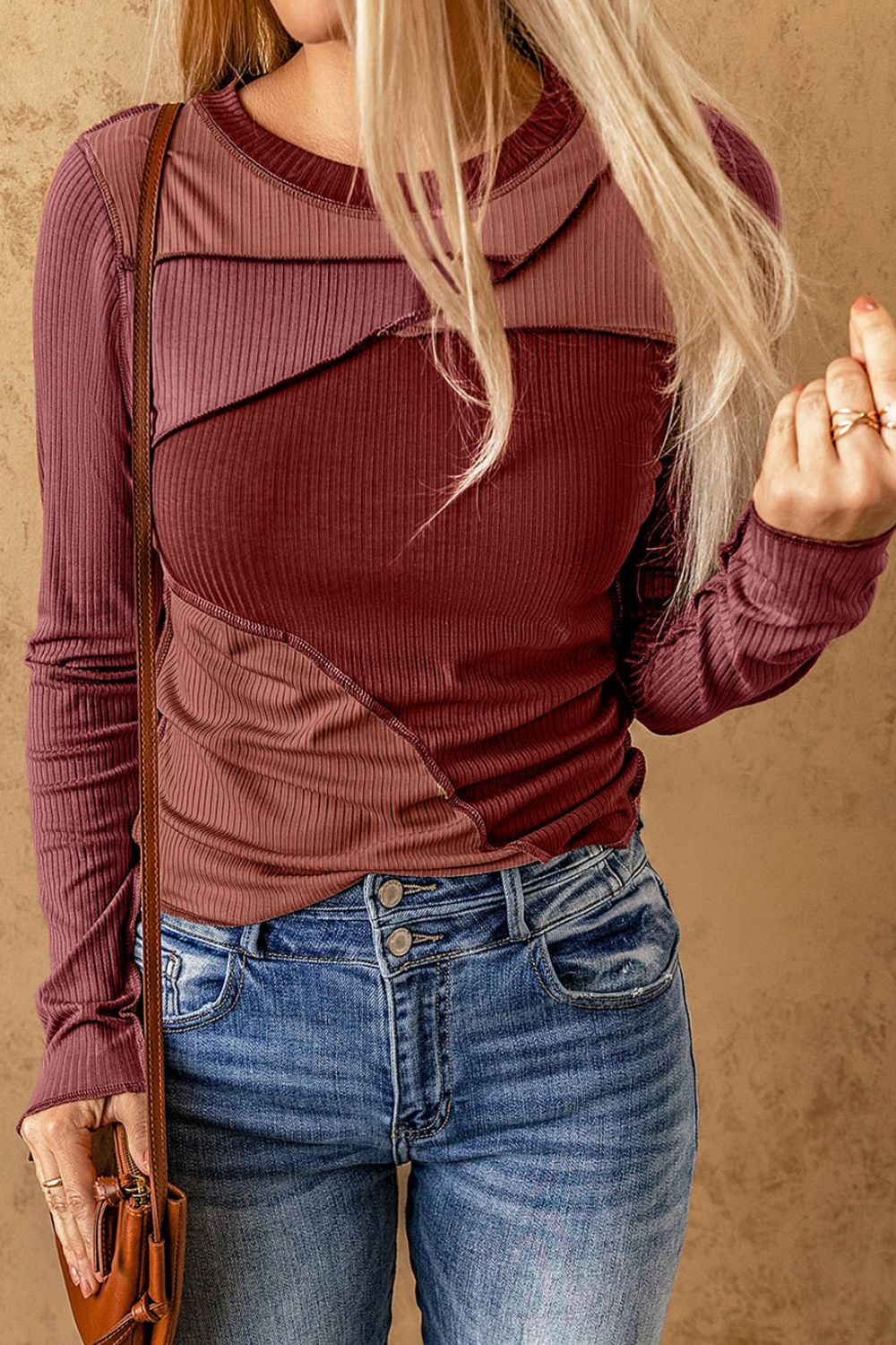 Exposed Seam Contrast Round Neck Long Sleeve T-Shirt - GirlyBayExposed Seam Contrast Round Neck Long Sleeve T-Shirt100100835879565SBurgundyGirlyBayExposed Seam Contrast Round Neck Long Sleeve T-Shirt