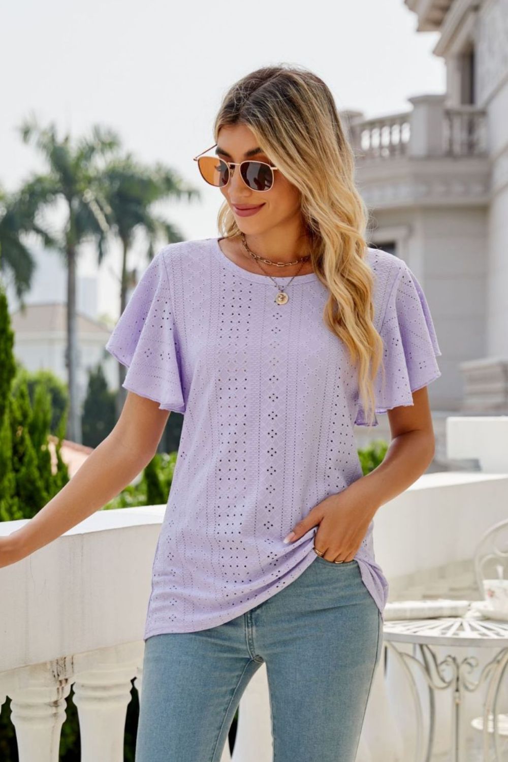 Eyelet Flutter Sleeve Round Neck Top - GirlyBayEyelet Flutter Sleeve Round Neck Top100100139881219SLilacGirlyBayEyelet Flutter Sleeve Round Neck Top