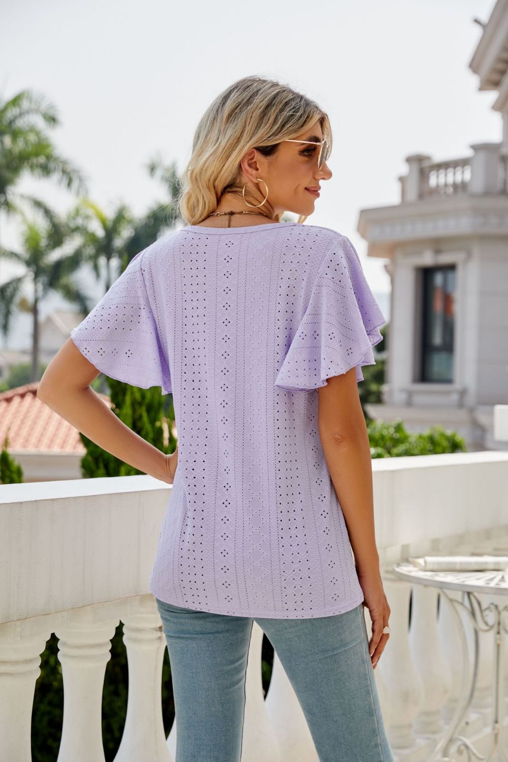 Eyelet Flutter Sleeve Round Neck Top - GirlyBayEyelet Flutter Sleeve Round Neck Top100100139881219SLilacGirlyBayEyelet Flutter Sleeve Round Neck Top