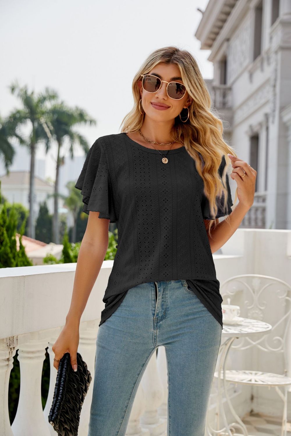Eyelet Flutter Sleeve Round Neck Top - GirlyBayEyelet Flutter Sleeve Round Neck Top100100139886940SBlackGirlyBayEyelet Flutter Sleeve Round Neck Top