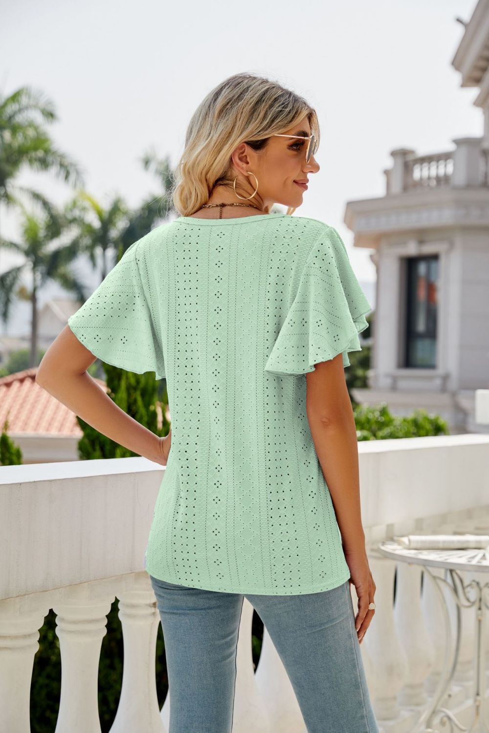 Eyelet Flutter Sleeve Round Neck Top - GirlyBayEyelet Flutter Sleeve Round Neck Top100100139888482SLight GreenGirlyBayEyelet Flutter Sleeve Round Neck Top