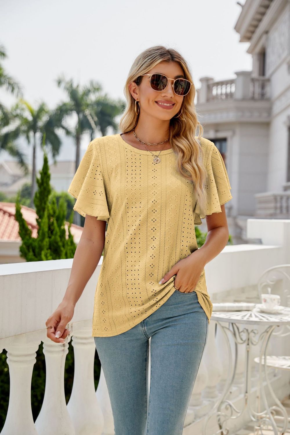 Eyelet Flutter Sleeve Round Neck Top - GirlyBayEyelet Flutter Sleeve Round Neck Top100100139889024SYellowGirlyBayEyelet Flutter Sleeve Round Neck Top