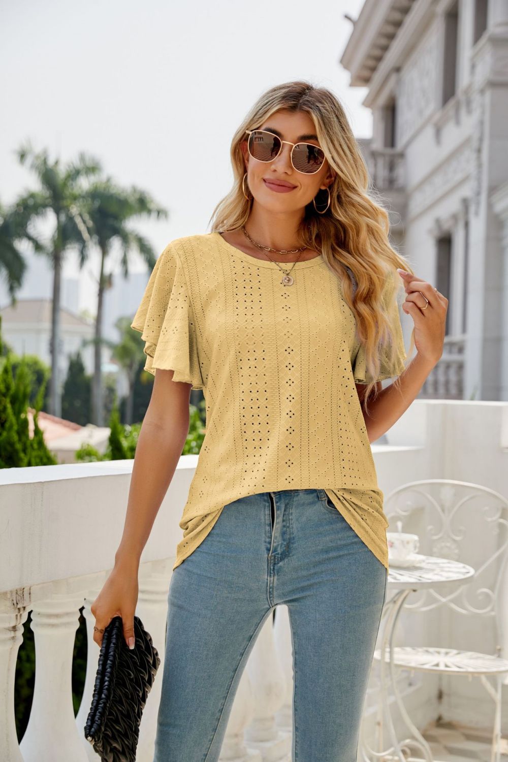 Eyelet Flutter Sleeve Round Neck Top - GirlyBayEyelet Flutter Sleeve Round Neck Top100100139889024SYellowGirlyBayEyelet Flutter Sleeve Round Neck Top