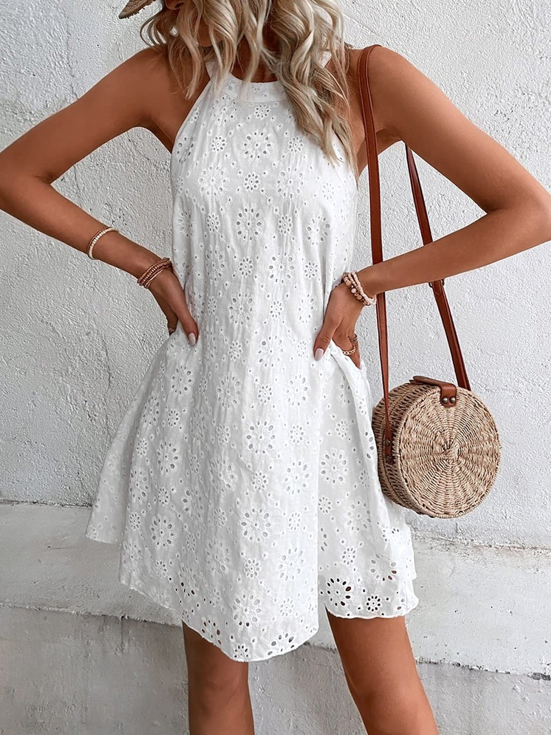 Eyelet Grecian Neck Mini DressCasual DressesTrendsiGirlyBay100100603121015WhiteSShip From OverseasY.M.N4