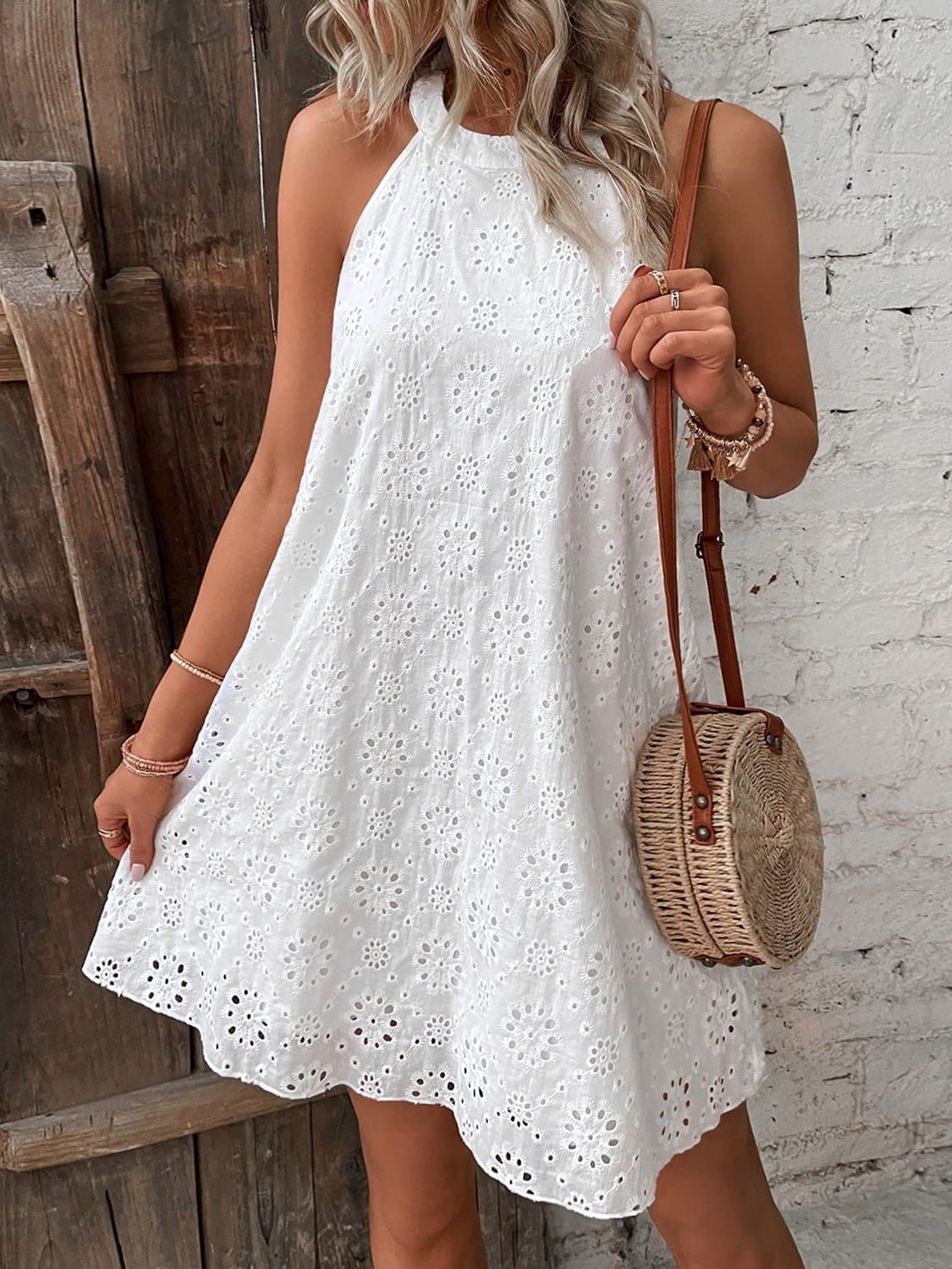 Eyelet Grecian Neck Mini DressCasual DressesTrendsiGirlyBay100100603121015WhiteSShip From OverseasY.M.N5