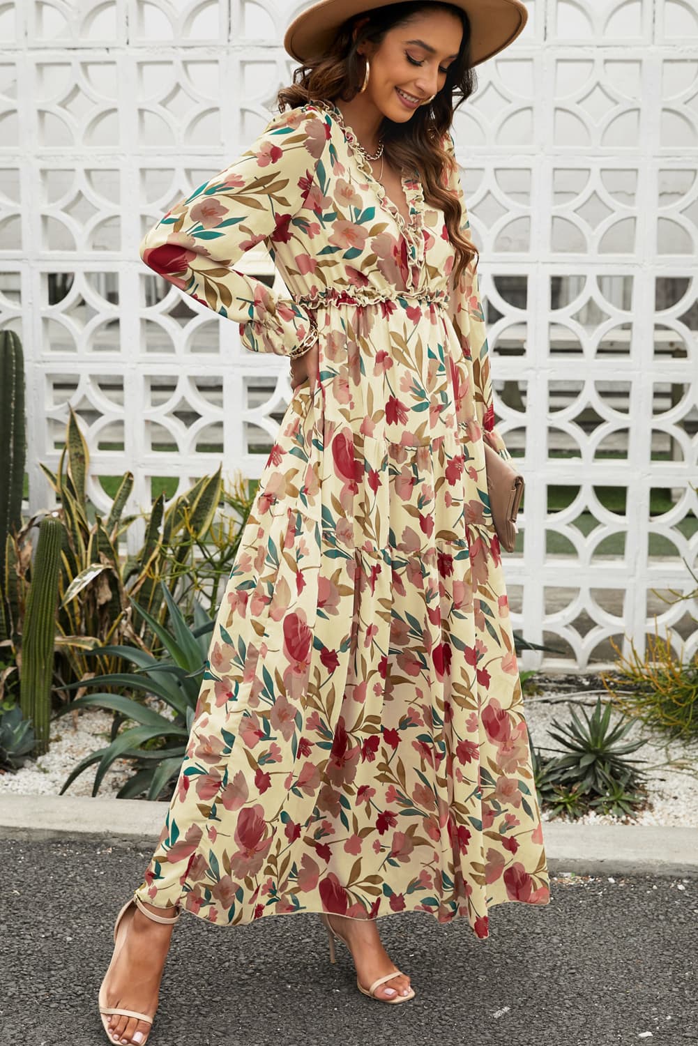 Floral Frill Trim Flounce Sleeve Plunge Maxi Dress - GirlyBayMaxi DressesFloral Frill Trim Flounce Sleeve Plunge Maxi Dress100101743388716SSandGirlyBayFloral Frill Trim Flounce Sleeve Plunge Maxi Dress