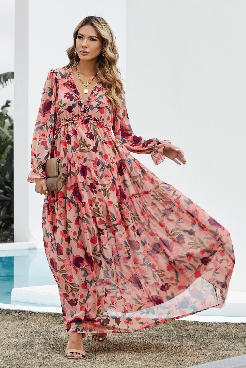 Floral Frill Trim Flounce Sleeve Plunge Maxi Dress - GirlyBayMaxi DressesFloral Frill Trim Flounce Sleeve Plunge Maxi Dress100101743388716SSandGirlyBayFloral Frill Trim Flounce Sleeve Plunge Maxi Dress