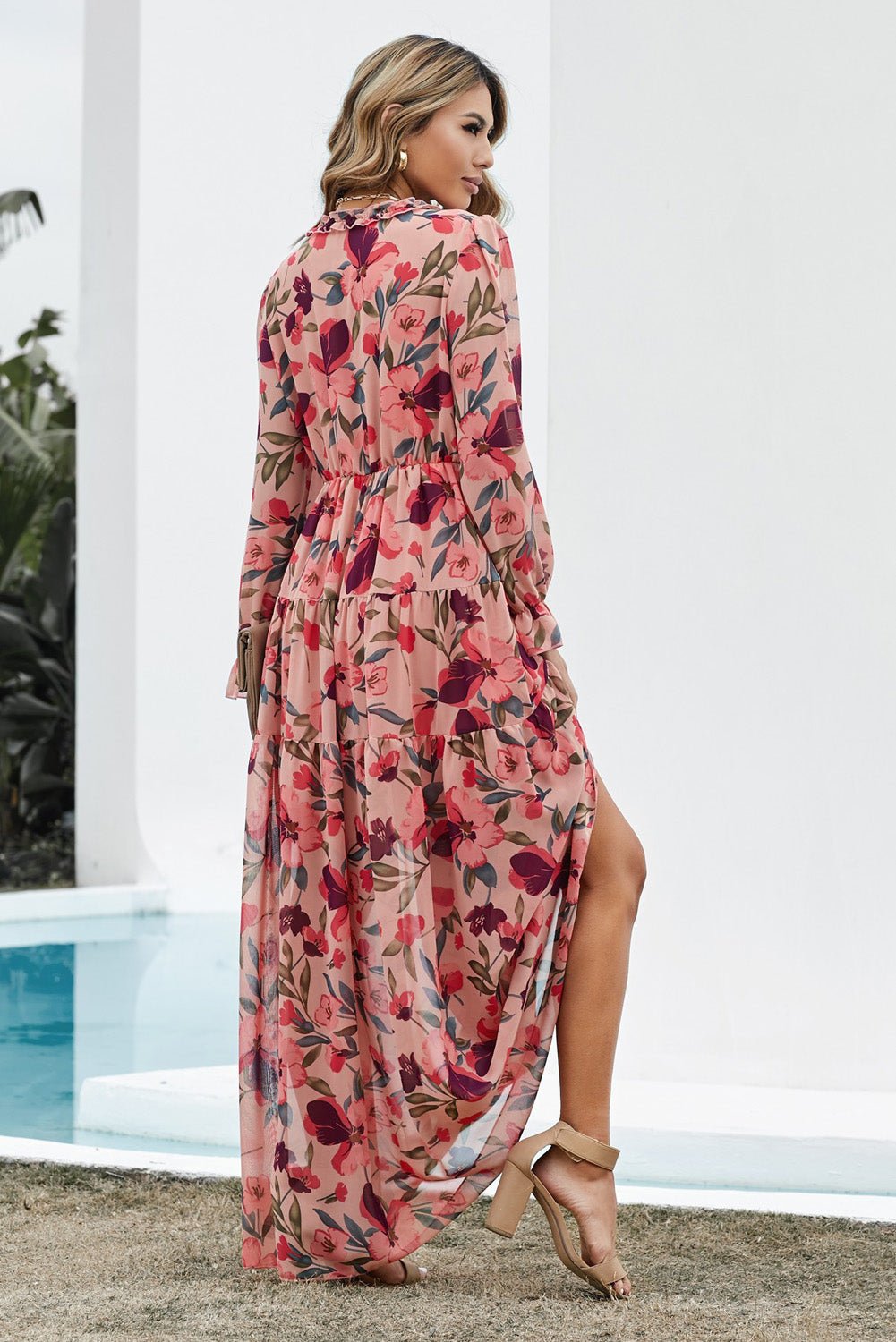 Floral Frill Trim Flounce Sleeve Plunge Maxi Dress - GirlyBayMaxi DressesFloral Frill Trim Flounce Sleeve Plunge Maxi Dress100101743388716SSandGirlyBayFloral Frill Trim Flounce Sleeve Plunge Maxi Dress