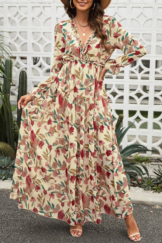 Floral Frill Trim Flounce Sleeve Plunge Maxi Dress - GirlyBayMaxi DressesFloral Frill Trim Flounce Sleeve Plunge Maxi Dress100101743388716SSandGirlyBayFloral Frill Trim Flounce Sleeve Plunge Maxi Dress