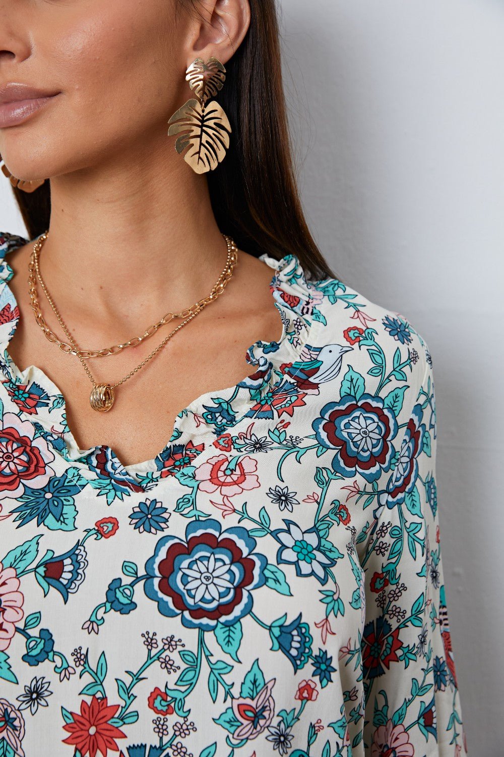 Floral Notched Long Sleeve Blouse - GirlyBayFloral Notched Long Sleeve Blouse100101143869534SMulticolorGirlyBayFloral Notched Long Sleeve Blouse