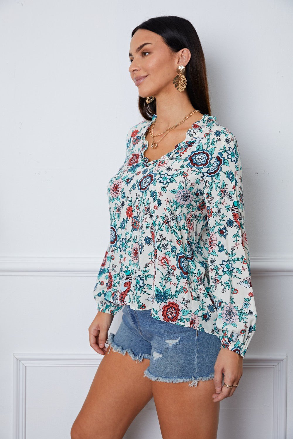 Floral Notched Long Sleeve Blouse - GirlyBayFloral Notched Long Sleeve Blouse100101143869534SMulticolorGirlyBayFloral Notched Long Sleeve Blouse