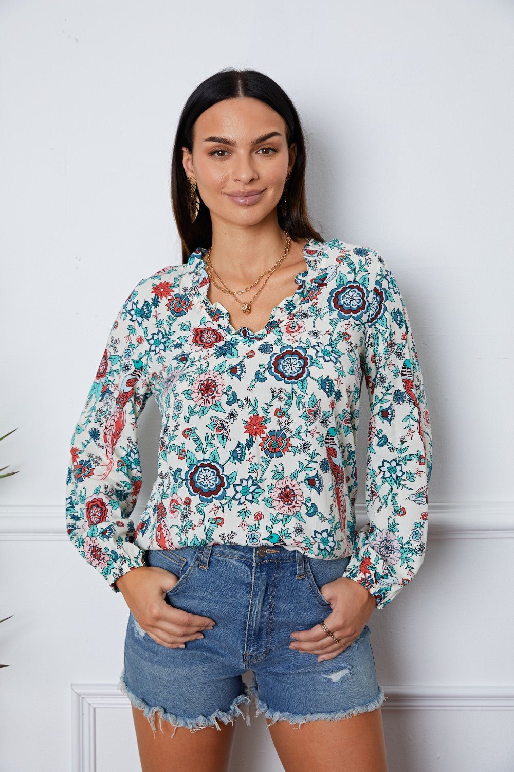 Floral Notched Long Sleeve Blouse - GirlyBayFloral Notched Long Sleeve Blouse100101143869534SMulticolorGirlyBayFloral Notched Long Sleeve Blouse
