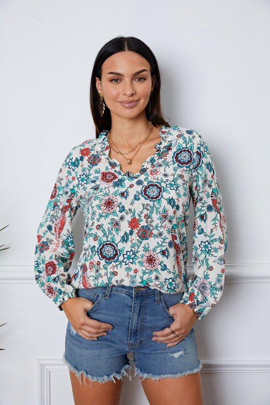 Floral Notched Long Sleeve Blouse - GirlyBayFloral Notched Long Sleeve Blouse100101143869534SMulticolorGirlyBayFloral Notched Long Sleeve Blouse