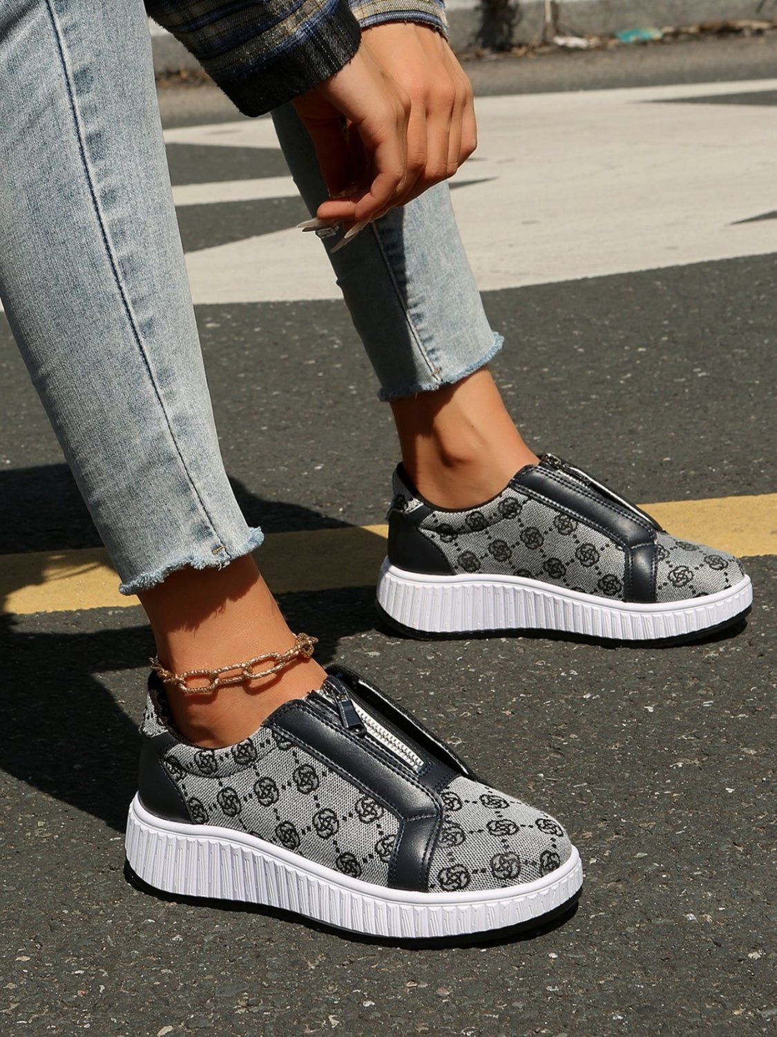 Floral Round Toe Sneakers with Zip - GirlyBayShoesFloral Round Toe Sneakers with Zip10060020368172836(US5)GrayGirlyBayFloral Round Toe Sneakers with Zip