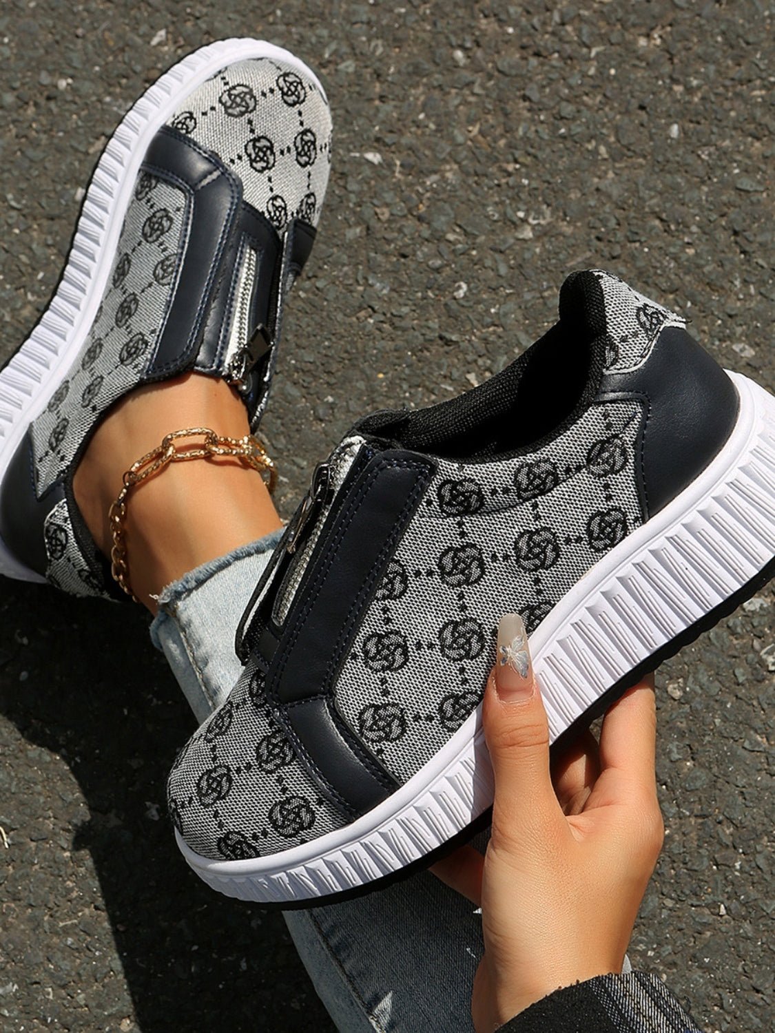 Floral Round Toe Sneakers with Zip - GirlyBayShoesFloral Round Toe Sneakers with Zip10060020368172836(US5)GrayGirlyBayFloral Round Toe Sneakers with Zip