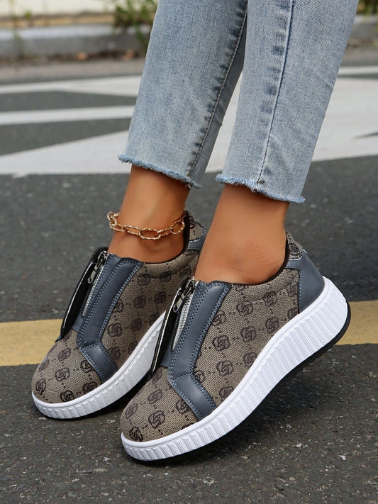 Floral Round Toe Sneakers with Zip - GirlyBayShoesFloral Round Toe Sneakers with Zip10060020368180536(US5)Olive BrownGirlyBayFloral Round Toe Sneakers with Zip