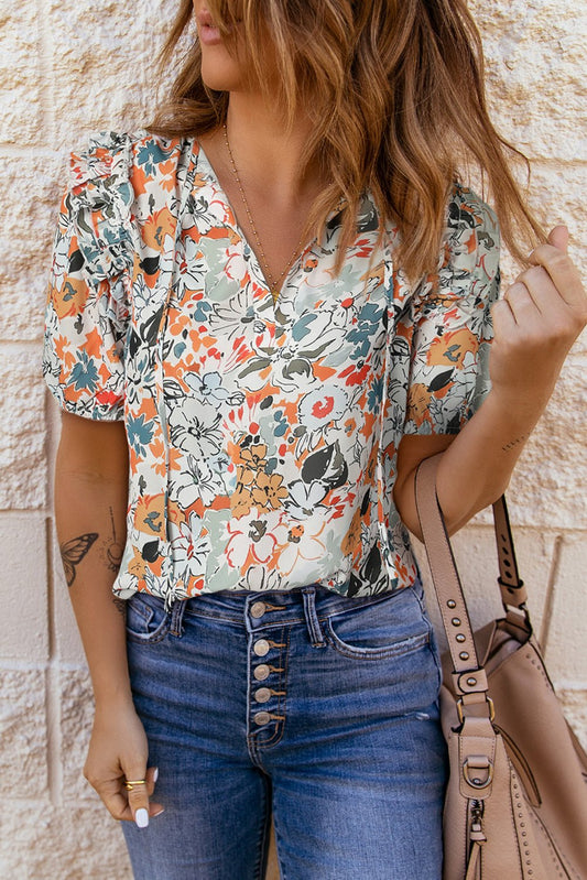 Floral Tie Neck Shoulder Detail Blouse - GirlyBayFloral Tie Neck Shoulder Detail Blouse100101965297882SFloralGirlyBayFloral Tie Neck Shoulder Detail Blouse