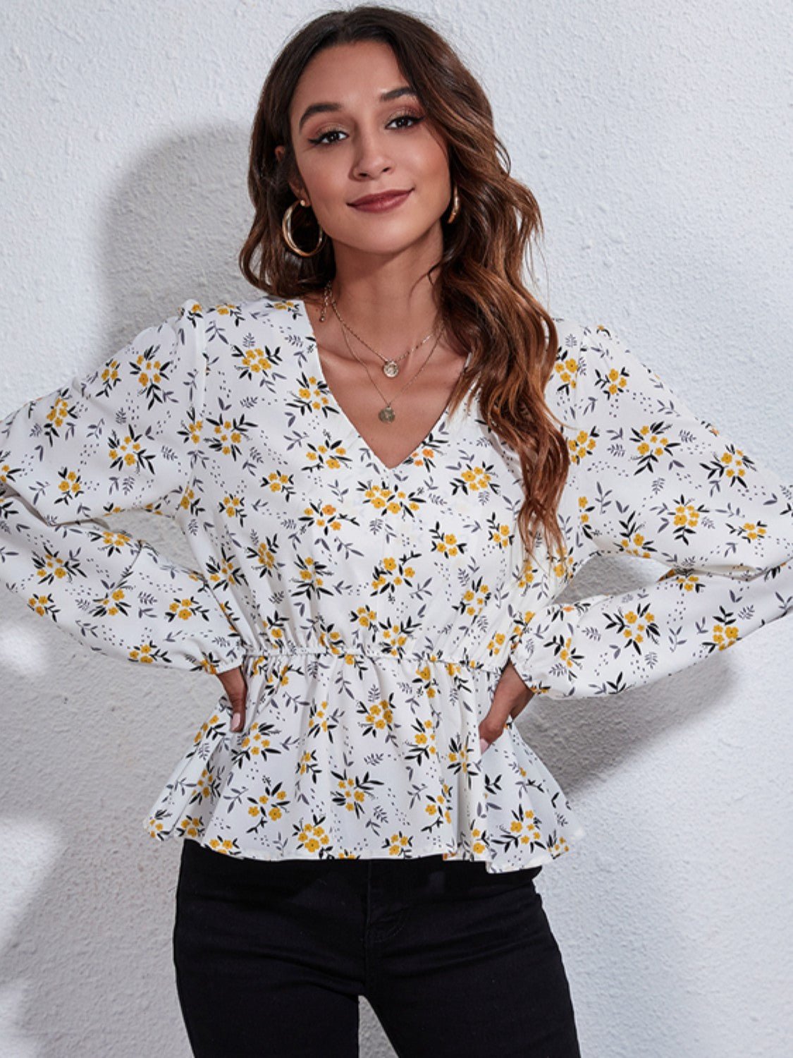 Floral V - Neck Balloon Sleeve Peplum Blouse - GirlyBayFloral V - Neck Balloon Sleeve Peplum Blouse100101473863238SWhiteGirlyBayFloral V - Neck Balloon Sleeve Peplum Blouse