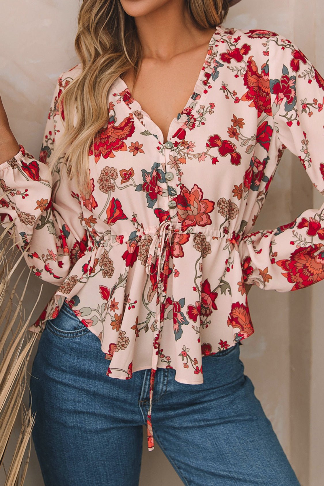 Floral V - Neck Drawstring Peplum Blouse - GirlyBayFloral V - Neck Drawstring Peplum Blouse100101955067689SMulticolorGirlyBayFloral V - Neck Drawstring Peplum Blouse