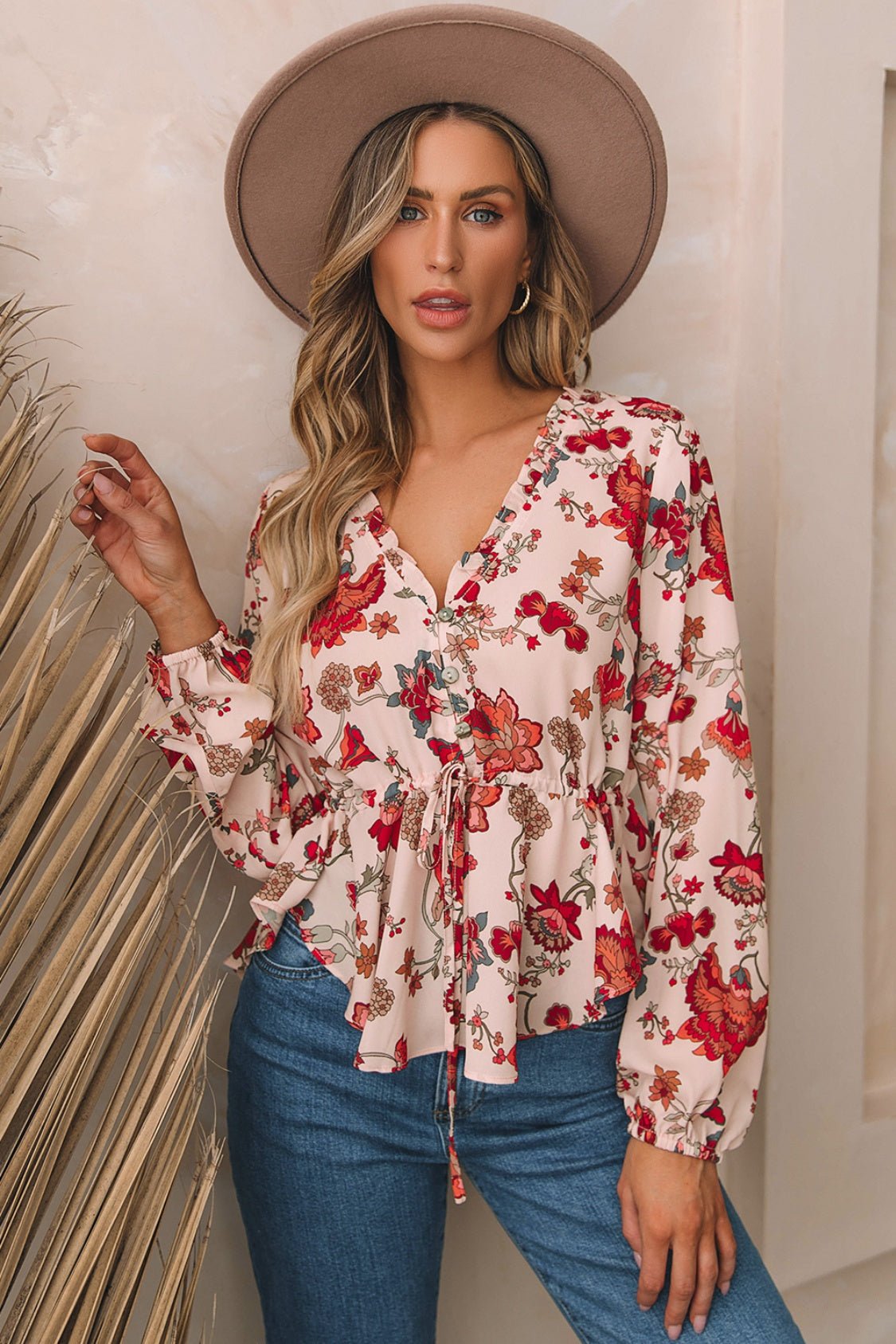 Floral V - Neck Drawstring Peplum Blouse - GirlyBayFloral V - Neck Drawstring Peplum Blouse100101955067689SMulticolorGirlyBayFloral V - Neck Drawstring Peplum Blouse