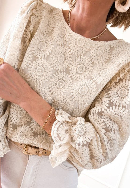 Flower Jacquard Flounce Sleeve Blouse - GirlyBayShirtFlower Jacquard Flounce Sleeve Blouse100100517252270SBeigeGirlyBayFlower Jacquard Flounce Sleeve Blouse