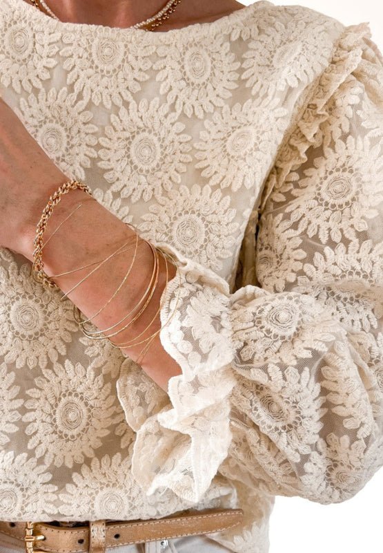 Flower Jacquard Flounce Sleeve Blouse - GirlyBayShirtFlower Jacquard Flounce Sleeve Blouse100100517252270SBeigeGirlyBayFlower Jacquard Flounce Sleeve Blouse