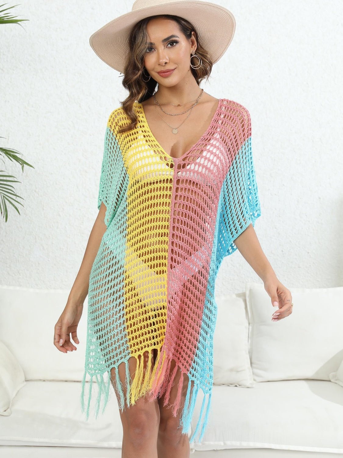 Fringe Color Block Scoop Neck Cover Up - GirlyBayCover Ups#original_value#100100524021005One SizeDusty PinkGirlyBay