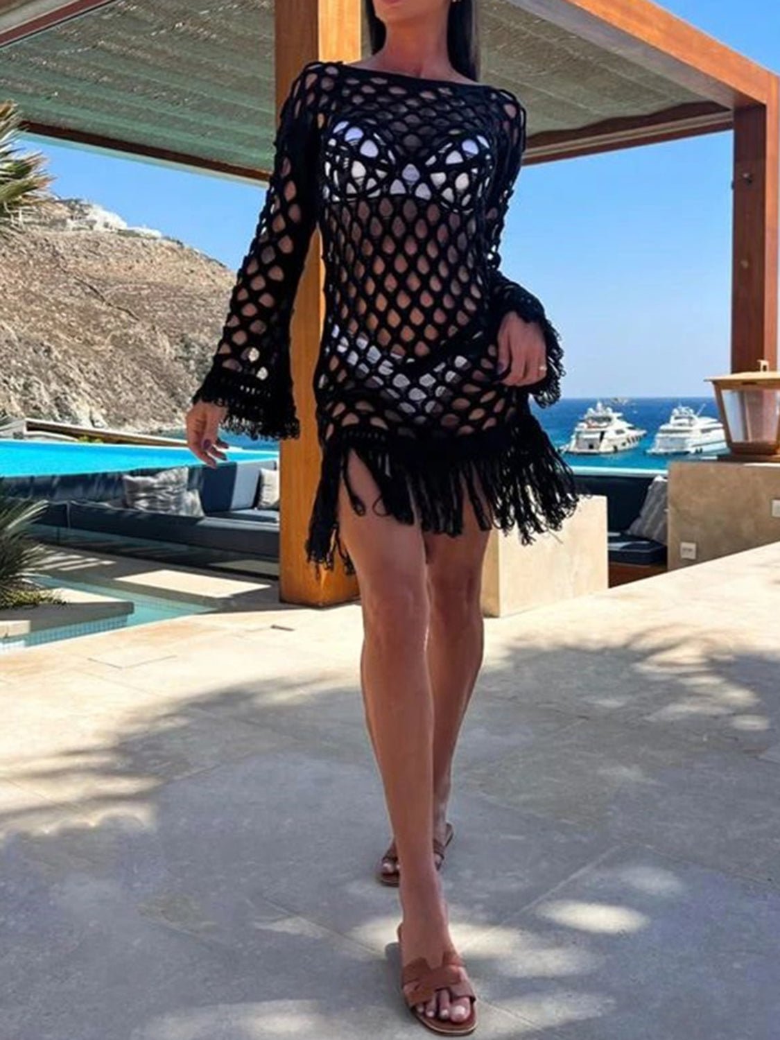 Fringe Cutout Long Sleeve Cover UpCover UpsTrendsiGirlyBay100100416685738BlackSShip From Overseas