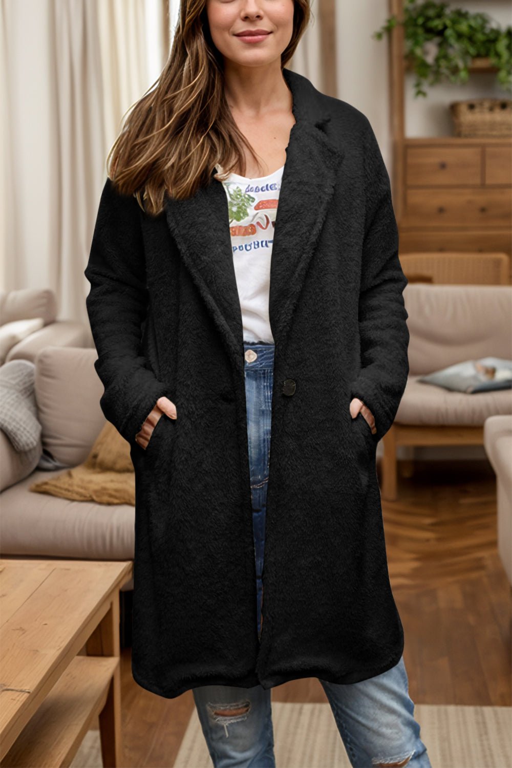 Full Size One Button Long Sleeve Longline Plush Coat - GirlyBayPlus Size ClothesFull Size One Button Long Sleeve Longline Plush Coat100100449938349SBlackGirlyBayFull Size One Button Long Sleeve Longline Plush Coat