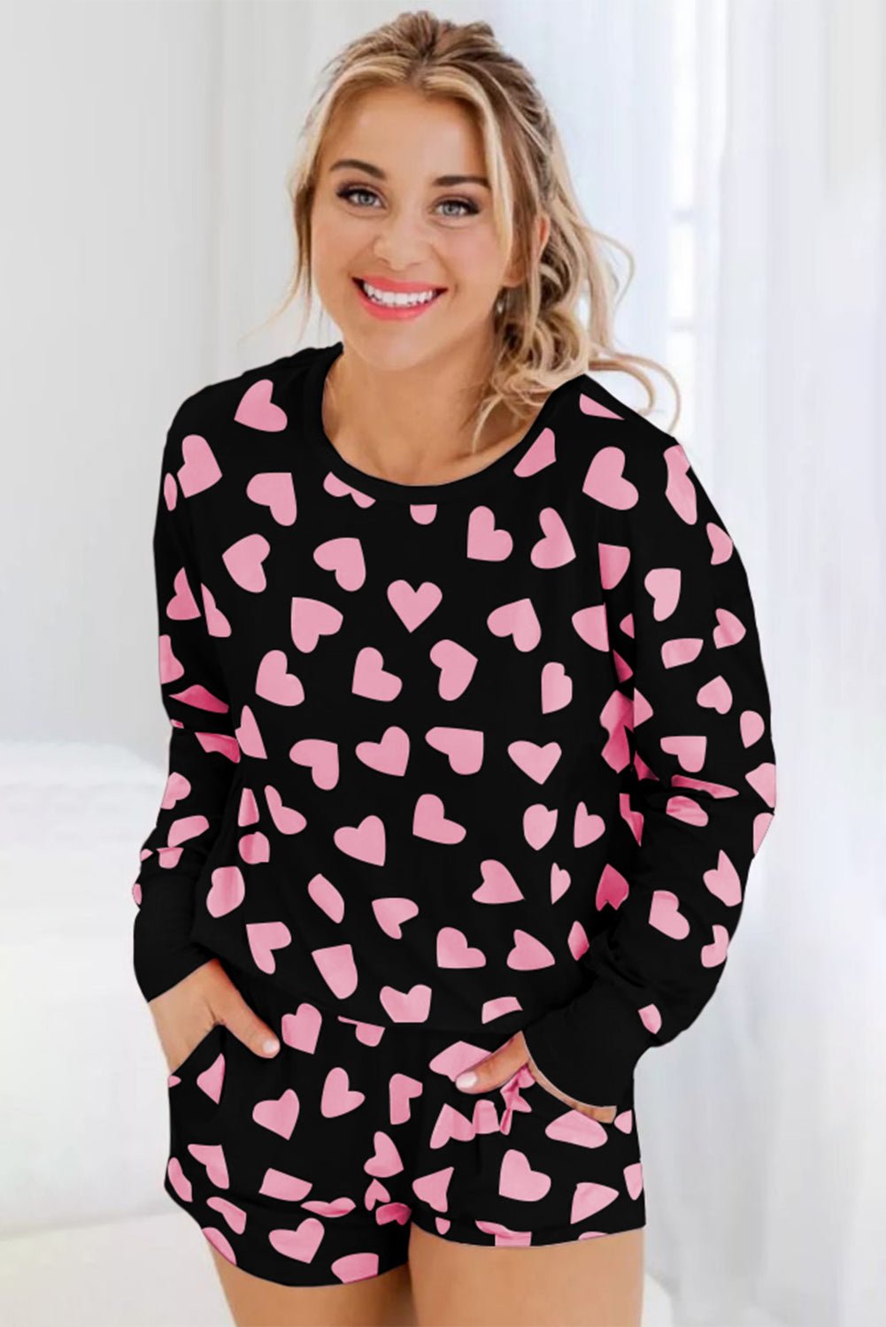 Heart Print Long Sleeve Top and Shorts Lounge Set - GirlyBayLoungewear & UnderwearHeart Print Long Sleeve Top and Shorts Lounge Set100100048079582SBlackGirlyBayHeart Print Long Sleeve Top and Shorts Lounge Set