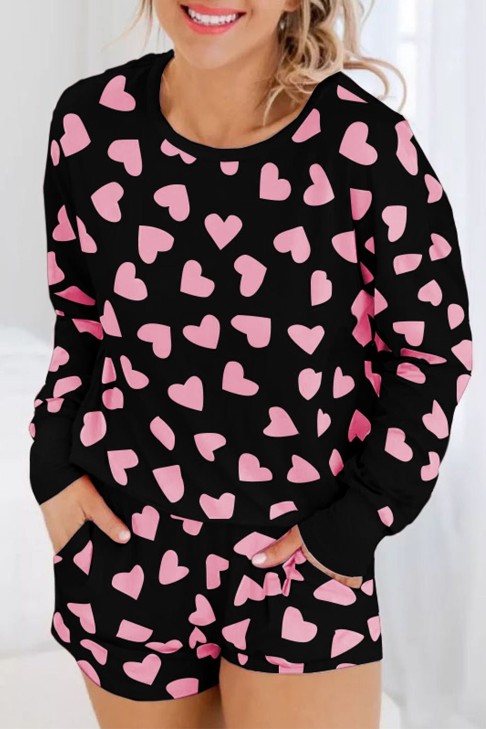 Heart Print Long Sleeve Top and Shorts Lounge Set - GirlyBayLoungewear & UnderwearHeart Print Long Sleeve Top and Shorts Lounge Set100100048079582SBlackGirlyBayHeart Print Long Sleeve Top and Shorts Lounge Set