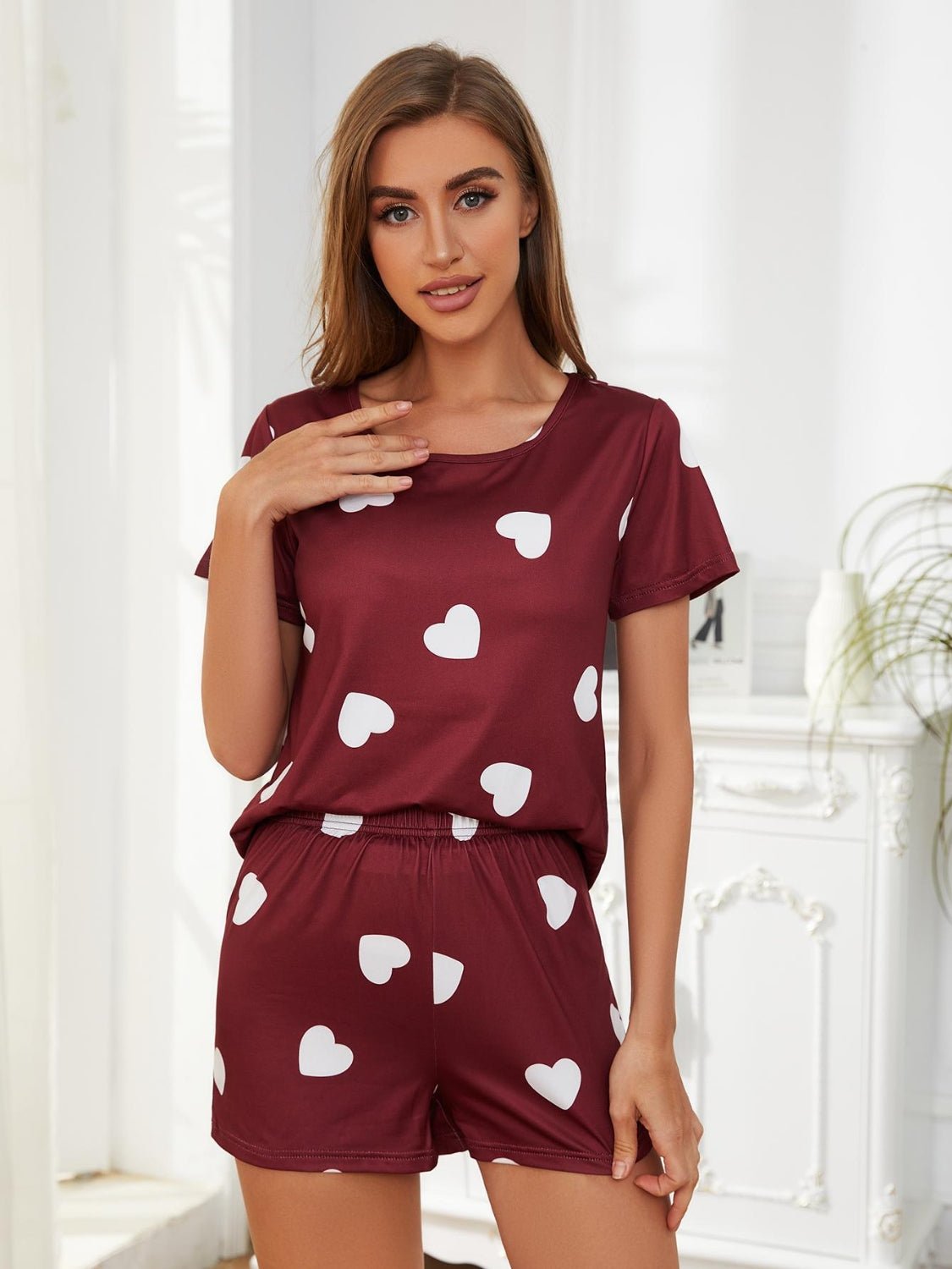 Heart Round Neck Top and Shorts Lounge Set - GirlyBayLoungewear & UnderwearHeart Round Neck Top and Shorts Lounge Set100100034615276SBurgundyGirlyBayHeart Round Neck Top and Shorts Lounge Set