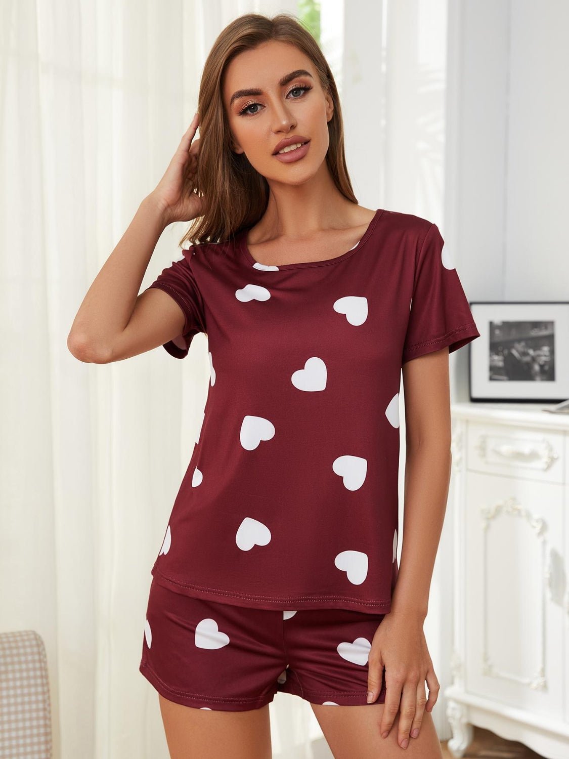 Heart Round Neck Top and Shorts Lounge Set - GirlyBayLoungewear & UnderwearHeart Round Neck Top and Shorts Lounge Set100100034615276SBurgundyGirlyBayHeart Round Neck Top and Shorts Lounge Set