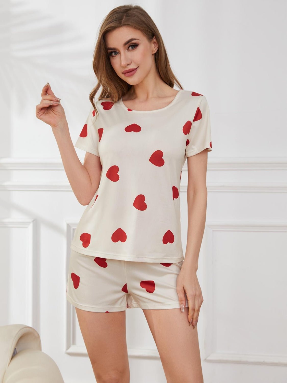 Heart Round Neck Top and Shorts Lounge Set - GirlyBayLoungewear & UnderwearHeart Round Neck Top and Shorts Lounge Set100100034619939STanGirlyBayHeart Round Neck Top and Shorts Lounge Set