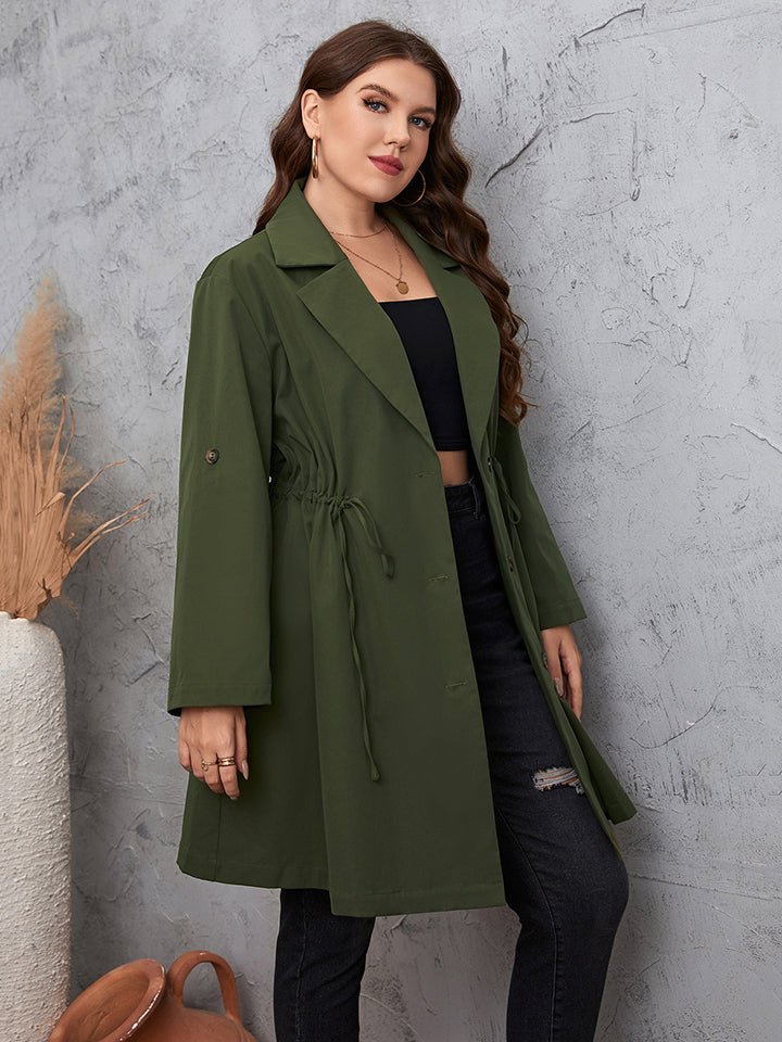 Honey Plus Size Lapel Collar Roll - Tab Sleeve Trench Coat - GirlyBayOuterwearc386ae74a9e24a489f0798a1d0e4c185 - Max1001002209428221XLGreenGirlyBayc386ae74a9e24a489f0798a1d0e4c185 - MaxHoney Plus Size Lapel Collar Roll - Tab Sleeve Trench CoatOuterwearGirlyBay100100220942822
