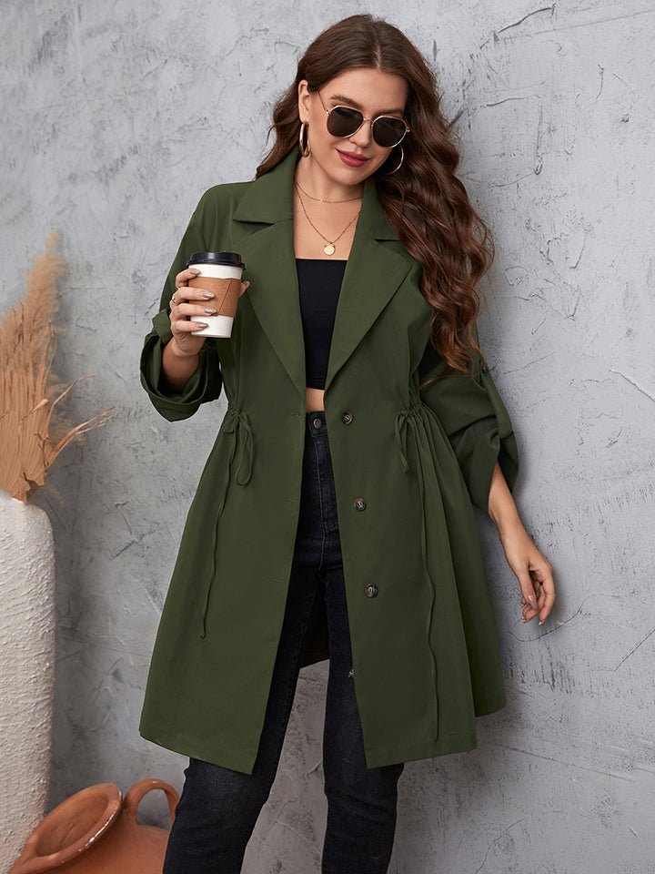 Honey Plus Size Lapel Collar Roll - Tab Sleeve Trench Coat - GirlyBayOuterwear590c5e12d3aa42259c17e8fde75759a3 - Max1001002209428221XLGreenGirlyBay590c5e12d3aa42259c17e8fde75759a3 - MaxHoney Plus Size Lapel Collar Roll - Tab Sleeve Trench CoatOuterwearGirlyBay100100220942822